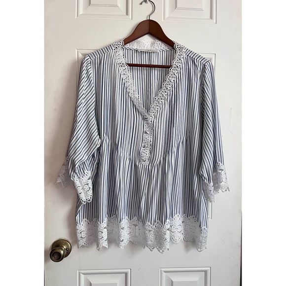 Chelsea & Theodore Tops - Blue & white striped lace trim blouse 1X/XL coastal chic